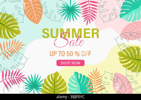 Striscione di saldi estivi con foglie tropicali. Sconti stagionali. Illustrazione vettoriale. Illustrazione Vettoriale