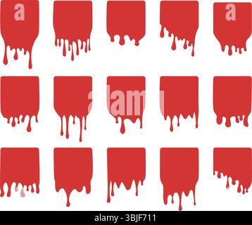 Set di etichette per gocciolamento di sangue quadrate. Adesivi per gocciolamento di vernice. Liquido di vernice rosso. Inchiostro rosso. Macchie di sangue. Illustrazione vettoriale Illustrazione Vettoriale