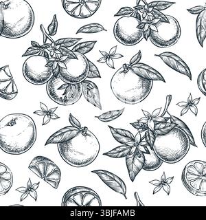 Motivo senza cuciture delle arance. Illustrazione del vettore di schizzo disegnato a mano. Informazioni generali sui prodotti alimentari. Design in tessuto, carta da imballaggio, stampa tessile Illustrazione Vettoriale