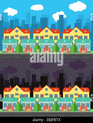 Città vettoriale con case a un piano e case a due piani dietro di loro, giorno e notte. Paesaggio urbano estivo. Vista sulla strada con paesaggio urbano su un dorso Illustrazione Vettoriale