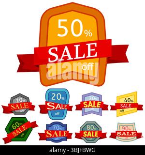Set di nove diversi adesivi sconto. Distintivi colorati con nastro rosso in vendita sconto del 10 - 90%. Illustrazione vettoriale. Illustrazione Vettoriale
