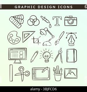 Simpatiche icone di grafica disegnate a mano, perfette per disegni di adesivi, social media, blog, stampe e progetti di creazione. 21 design a icone. Vettore i Illustrazione Vettoriale
