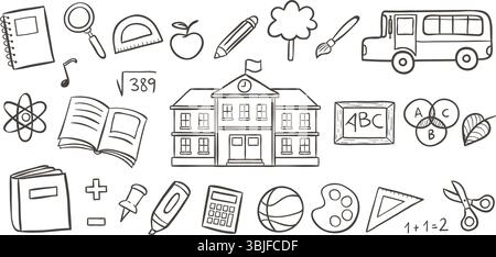 Simpatiche icone disegnate a mano per la scuola, perfette per disegni di adesivi, social media, stampe e progetti di creazione. Un totale di 27 disegni di icone. Illus vettoriale Illustrazione Vettoriale