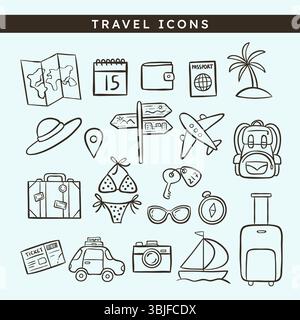 Simpatiche icone di viaggio e festività disegnate a mano, perfette per disegni di adesivi, stampe e progetti di creazione. Un totale di 21 disegni di icone. Immagine vettoriale Illustrazione Vettoriale