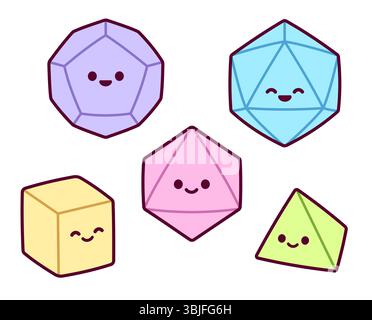 Set di dadi per giochi di ruolo fantasia da tavolo. Cinque poliedri di colore diverso con simpatici volti dei cartoni animati. Icone vettoriali Kawaii. Illustrazione Vettoriale