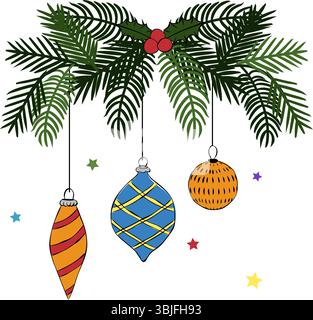 Un ramo dell'albero di Natale decorato con una composizione di giocattoli isolata. Illustrazione dell'inchiostro con linee grafiche vettoriali. illustrazione per pacchetto, design delle festività, fabr Illustrazione Vettoriale