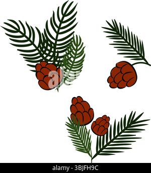 I rami di pino con coni di pino impostano la composizione isolata. Illustrazione dell'inchiostro con linee grafiche vettoriali. Per poster, volantini, banner, inviti, social media Illustrazione Vettoriale