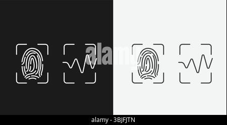 Scansione di impronte digitali e forme d'onda all'interno di cornici rettangolari su sfondi in bianco e nero, che rappresentano la verifica biometrica, icone di contorno bianche Illustrazione Vettoriale