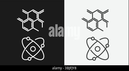 Struttura molecolare e Atom su sfondo bianco e nero, che rappresentano biochimica o scienza, icone contorno bianco Illustrazione Vettoriale