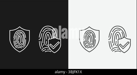 Impronta digitale all'interno dello Shield e impronta digitale con Shield segno di spunta su sfondo bianco e nero, che rappresenta la sicurezza biometrica e l'autenticazione Illustrazione Vettoriale