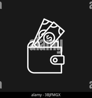 Portafoglio con banconote in dollari su sfondo nero, che rappresenta contanti, pagamenti o gestione finanziaria, icona contorno bianco Illustrazione Vettoriale