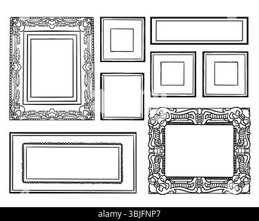 Set di linee per cornici disegnate a mano. Stile di schizzo cornici quadrate e rettangolari altamente dettagliate. Decorazioni vintage a parete retrò. Illustrazione vettoriale Illustrazione Vettoriale