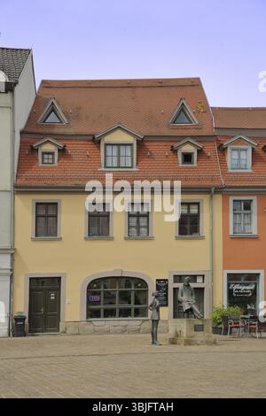 Holzmarkt con casa e monumento al filosofo Friedrich Nietzsche, Saale, Naumburg, Sassonia-Anhalt, Germania, Europa Foto Stock