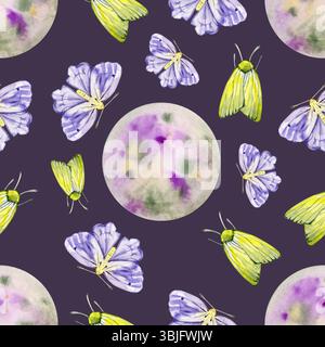Motivo senza cuciture Acquerello luna e falena, sfondo a farfalla notturna. luna notturna disegnata a mano oggetti luce cielo elementi spazio. Carta da parati., avvolgimento Foto Stock