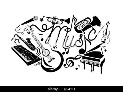 Abstract Music monocromatico. Molti strumenti musicali. disegnato a mano. Non ai, illustrazione vettoriale Illustrazione Vettoriale