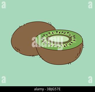 Una deliziosa e vibrante illustrazione a fumetti di kiwi in uno stile colorato e giocoso Illustrazione Vettoriale