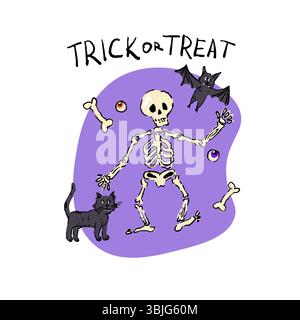 Divertente e spettrale illustrazione di Halloween con uno scheletro danzante, un gatto nero, un pipistrello volante, ossa, occhi, e Trick o Treat lettering su un viola Illustrazione Vettoriale