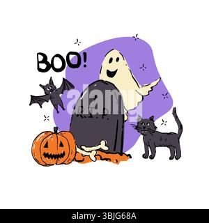 Illustrazione di Halloween disegnata a mano con un fantasma sorridente, lapide con R.I.P. , Jack-o -lanterna, gatto nero, pipistrello e ossa. Illustrazione Vettoriale