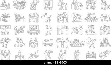 Set completo di icone Line Art raffiguranti le persone nella vita quotidiana, nel lavoro e nelle attività ricreative Illustrazione Vettoriale