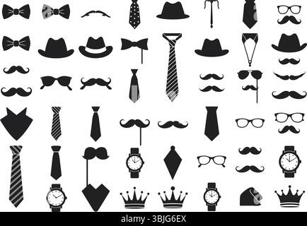 Accessori per gentiluomini Set di icone vettoriali: Baffi, cravatte, cappelli e silhouette di occhiali Illustrazione Vettoriale