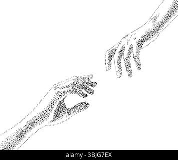 Le mani si avvicinano. Concept monocromatico per San Valentino. Linea nera isolata su sfondo bianco. Illustrazione vettoriale stock. disegnato a mano Illustrazione Vettoriale