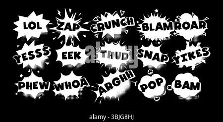 Fumetti pop in bianco e nero con esclamazioni audaci ed effetti sonori dinamici. Ottimo per meme Internet, battute, didascalie, adesivi Illustrazione Vettoriale