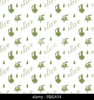 Brocca con olio, ramoscello d'oliva con frutta e iscrizione oliva. Motivo senza cuciture. Illustrazione vettoriale. Illustrazione Vettoriale