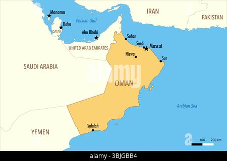 Mappa dell'Oman con le principali città e i paesi vicini Foto Stock