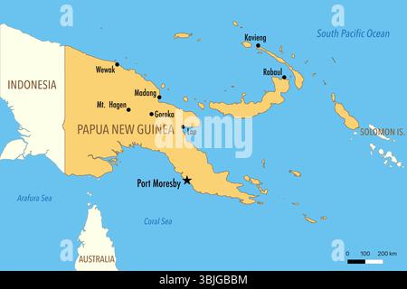 Mappa della Papua nuova Guinea con le principali città e i paesi vicini Foto Stock