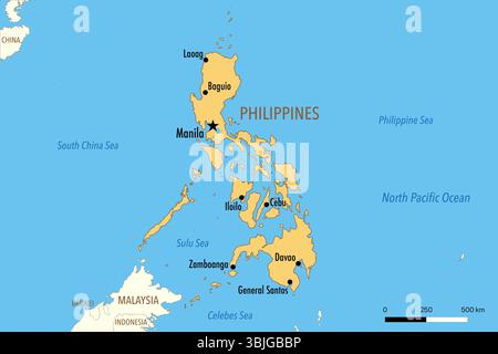 Mappa delle Filippine con le principali città e i paesi vicini Foto Stock