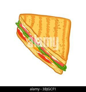 Sandwich alla griglia preparato a mano ripieno di formaggio, lattuga fresca, pomodori e prosciutto. Illustrazione colorata del fast food vettoriale in stile cartoni animati. Illustrazione Vettoriale