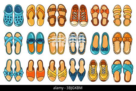 Set di calzature Cartoon femminili, vista dall'alto. Donne colorate paio di scarpe, diversi tipi. Illustrazione isolata vettoriale Illustrazione Vettoriale