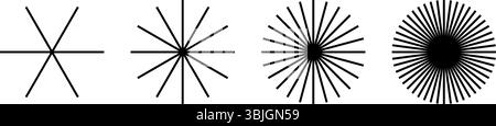 Set di forme di linee radiali dritte. Raccolta di icone dei raggi solari isolate su sfondo bianco. Simboli di radianza, esplosione, fiocco di neve o fuochi d'artificio. Illustrazione grafica vettoriale. Illustrazione Vettoriale