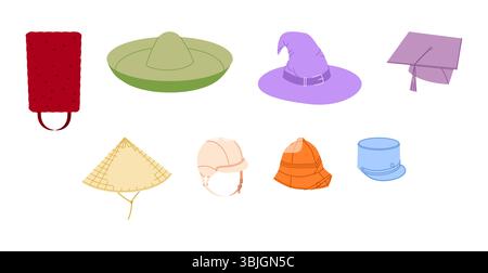 Set di cappelli diversi - Coolie Mortarboard Sombrero Wizard, Bicorne Bonnet Bearskin, Kepi Pith Riding Helmet. Illustrazione tecnica dei cappucci per accessori Head Fashion. Vector for Men, Women style, Flat CAD Illustrazione Vettoriale