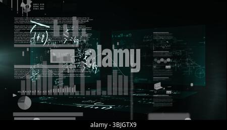 Pannelli traslucidi mobili che mostrano grafici a barre e linee, segmenti a torta ed equazioni in spazi scuri Foto Stock