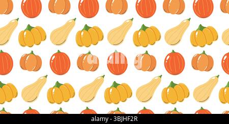 Simpatico motivo autunnale senza cuciture con zucche, teiere, fette di torta, candele e foglie autunnali. Perfetto per design stagionali, articoli di cancelleria, o. Illustrazione Vettoriale