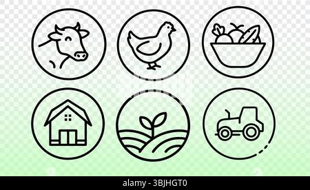 Informazioni sulle icone della linea agricola. Simboli di fattoria lineari emblemi di campagna disegno. Allevamento di bestiame e ortaggi, costruzione di attrezzature da campo. Contorno nero Illustrazione Vettoriale