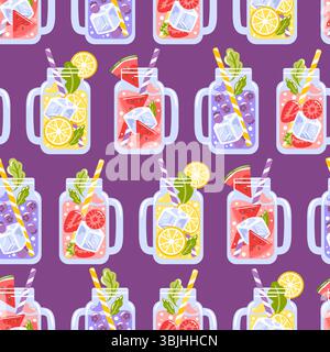 Un'illustrazione vettoriale che mostra quattro vasi colorati pieni di bevande rinfrescanti. Ogni vasetto è ricoperto da un delizioso mix di frutta e cornici Illustrazione Vettoriale