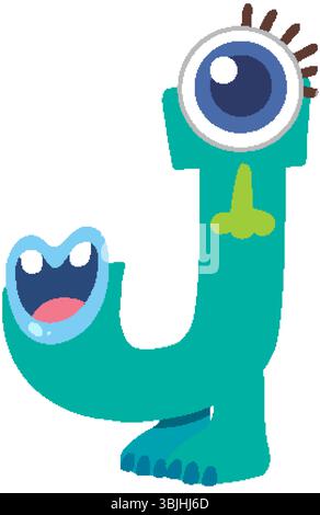 Illustrazione vettoriale colorata di una lettera J a forma di mostro con un design stravagante e colori vivaci Illustrazione Vettoriale