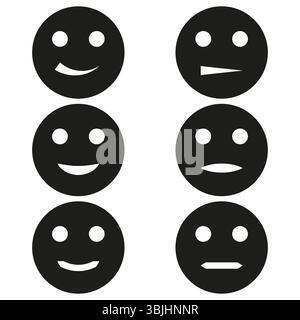 Icone sorridenti positive. Facce emoji felici. Set di cerchi riempiti. Simboli vettoriali allegri. Illustrazione Vettoriale