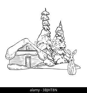 Cabina nel bosco circondata da alberi innevati, neve e lepre disegnata a mano con un vettore di contorno bianco nero. Ambiente forestale invernale verniciato monocromatico per Illustrazione Vettoriale