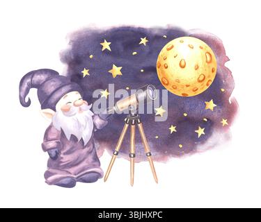 Un simpatico astronomo di gnomi guarda attraverso un telescopio la luna nell'illustrazione ad acquerello del cielo notturno. Elfo isolato disegnato a mano per bambini. Magia Foto Stock