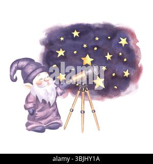 Un simpatico astronomo di gnomi guarda attraverso un telescopio le stelle nell'illustrazione ad acquerello del cielo notturno. Elfo isolato disegnato a mano per bambini. Magia Foto Stock