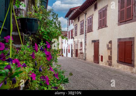 Saint Jean Pied de Port, strada con un marciapiede in mattoni e una fila di case. Le case sono bianche e marroni. Ci sono fiori in una piantatrice sul lato Foto Stock
