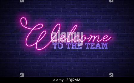 Benvenuto con scritta al neon illuminata, disegnata su sfondo Vintage Brick Wall. Modello di illustrazione Vector Modern Neon Signboard con tipografia Illustrazione Vettoriale