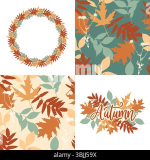 Collezione autunnale di carte con motivi decorativi senza cuciture e scritte a mano. Corona di foglie d'autunno. Illustrazione vettoriale Illustrazione Vettoriale