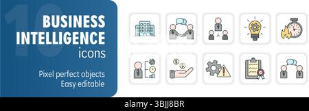 Dieci icone rappresentano business intelligence, analisi, strategia e sviluppo Illustrazione Vettoriale