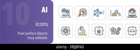 Dieci icone vettoriali che rappresentano concetti relativi all'intelligenza artificiale, all'apprendimento automatico, all'apprendimento profondo, alle reti neurali e alla scienza dei dati Illustrazione Vettoriale