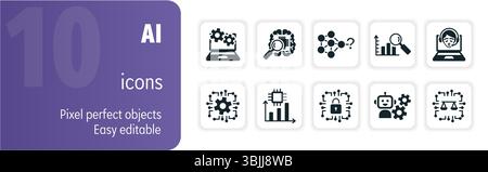 Set di icone di intelligenza artificiale che includono apprendimento automatico, apprendimento approfondito e concetti di etica dell'intelligenza artificiale Illustrazione Vettoriale