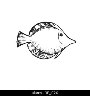 pesci sottomarini vettoriali disegnati a mano, silhouette a inchiostro bianco e nero di pesci tropicali esotici, schizzo di fauna marina, incisione illustrazione testurizzata di Illustrazione Vettoriale